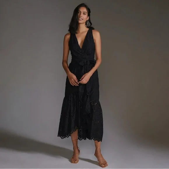 Anthropologie Maeve Eyelet Faux Wrap Midi Dress Size 10 Black Self Tie Belt - Picture 2 of 14